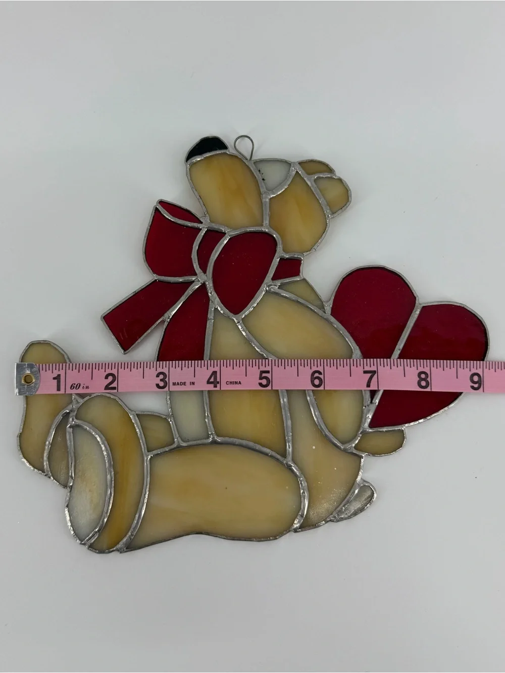 Vintage Stained Glass Bear Holding Heart Suncatcher Cream Red 8